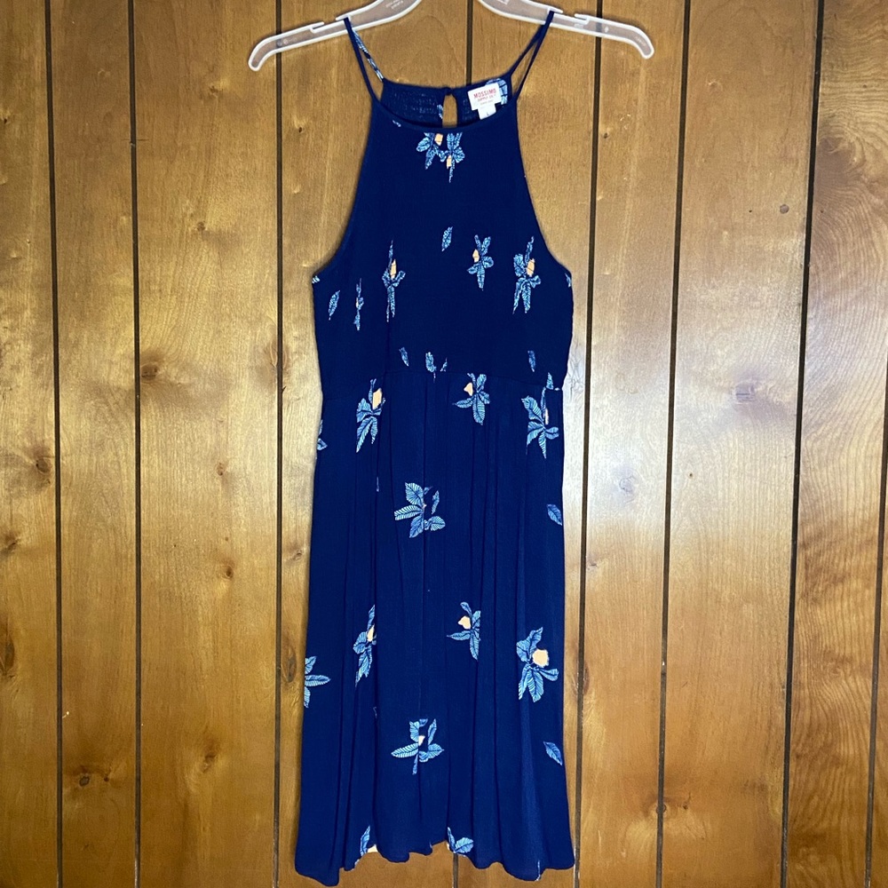MOSSIMO Blue Tropical Floral Pattern Key Hole Back Spring Dress Size Large